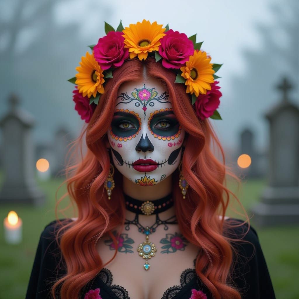Proud Sugarskull Diva in Candlelit Graveyard