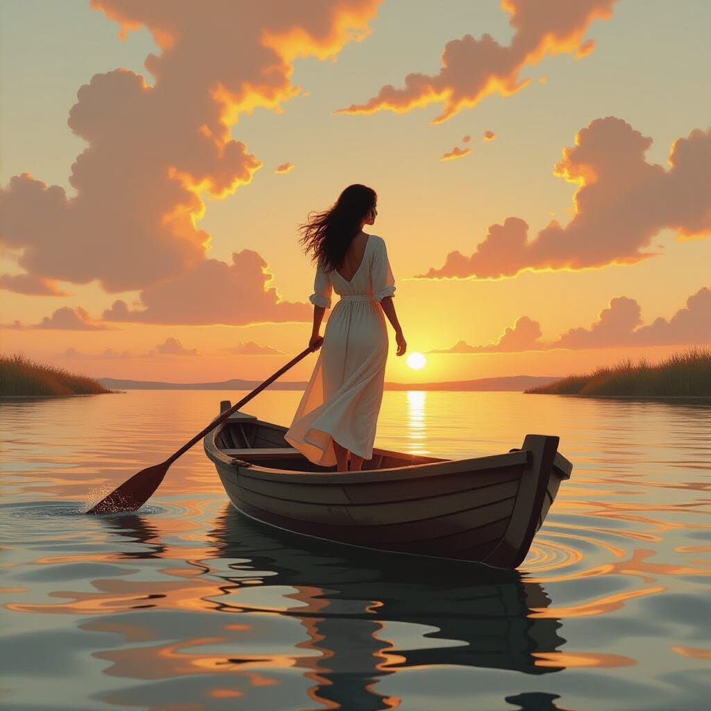 Woman on River Raft at Sunset in Romantic Style