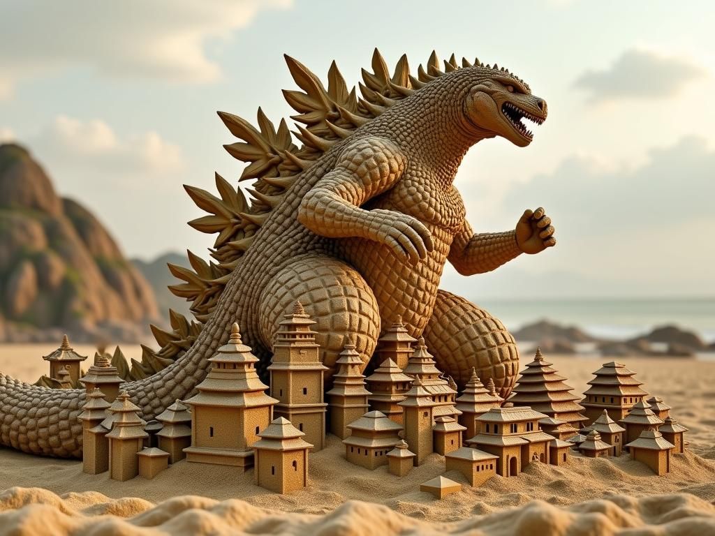 Godzilla Sand Sculpture in Detailed Photorealism