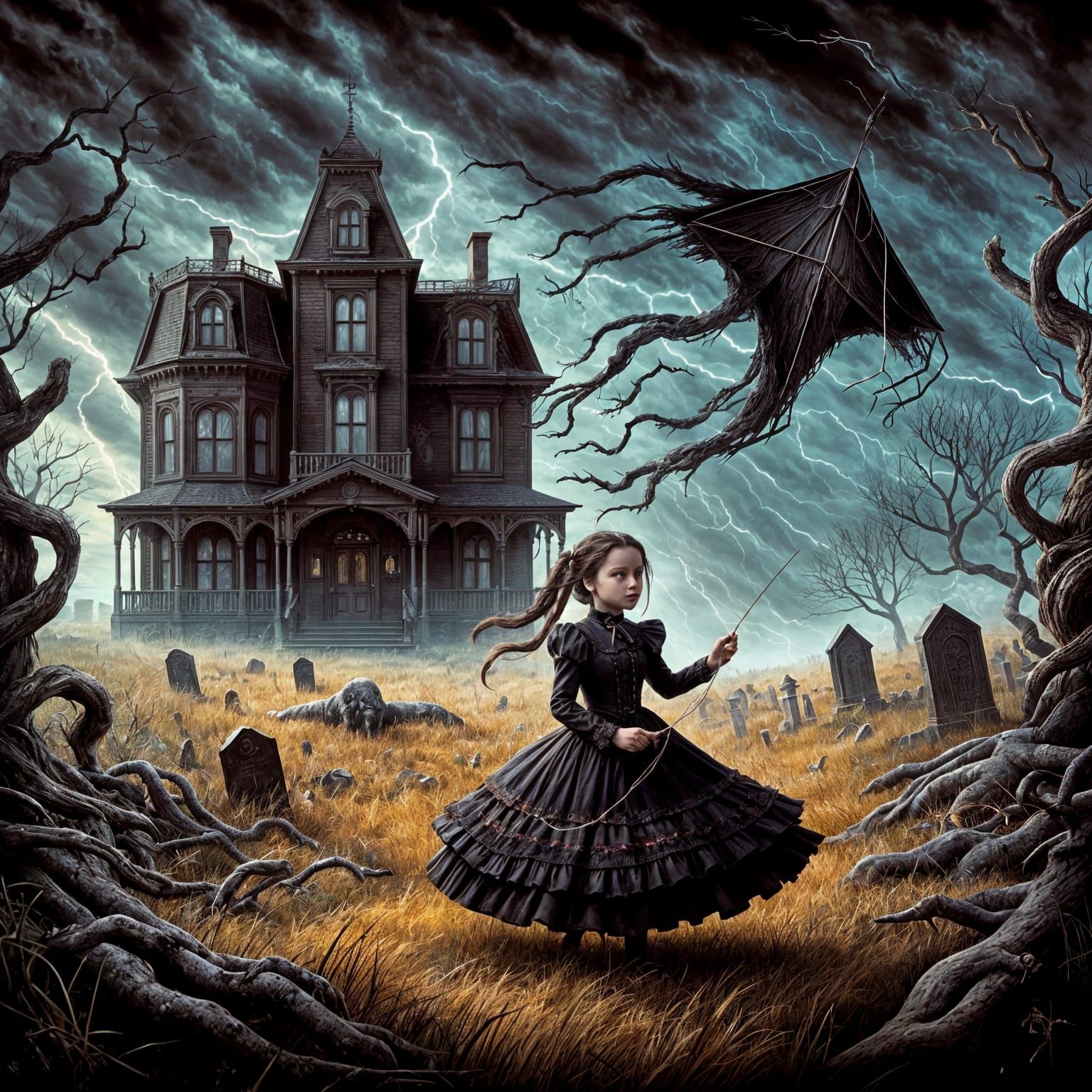 Girl with Kite in Ferocious Storm: Digital Art