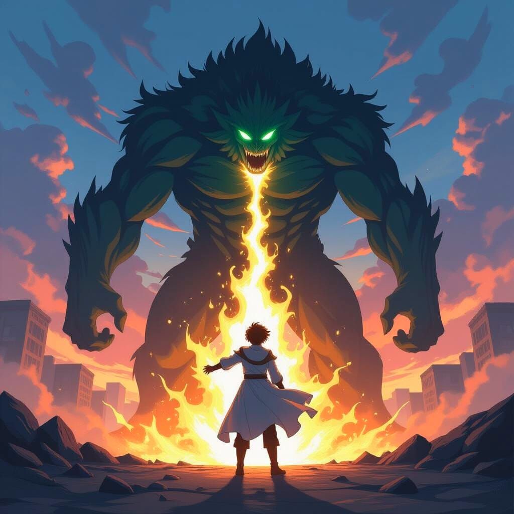 Hero With Glowing Aura Powers Up Against Monstrous Foe