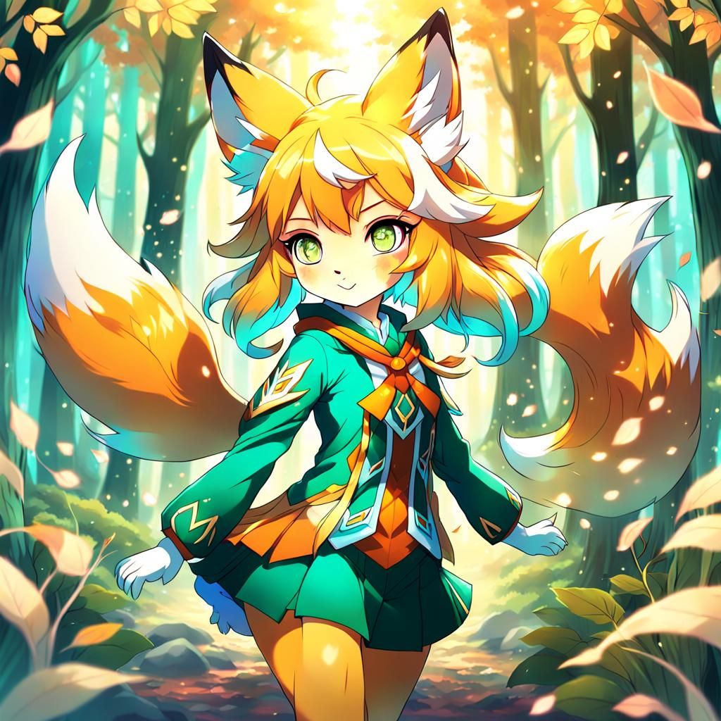 Mystical Fox-Girl with Elemental Powers in Manga Style