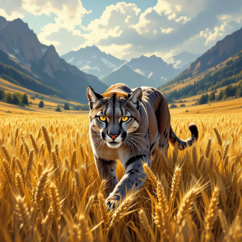 Dangerous Cougar Prowls Golden Wheat Field