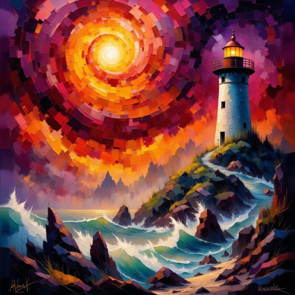 Abstract Typhoon Swirls Near Lighthouse Coastal Art