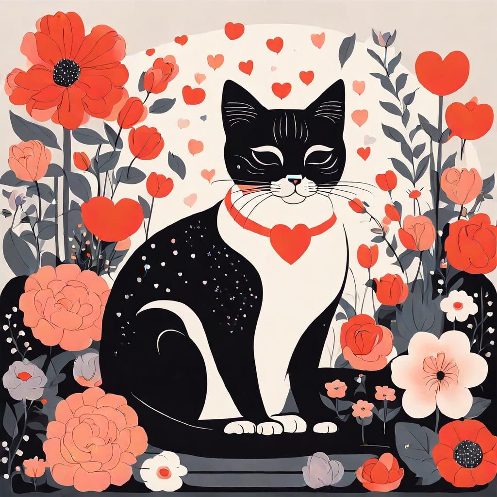 Cute Cat with Flowers: A Bauhaus-Inspired Image