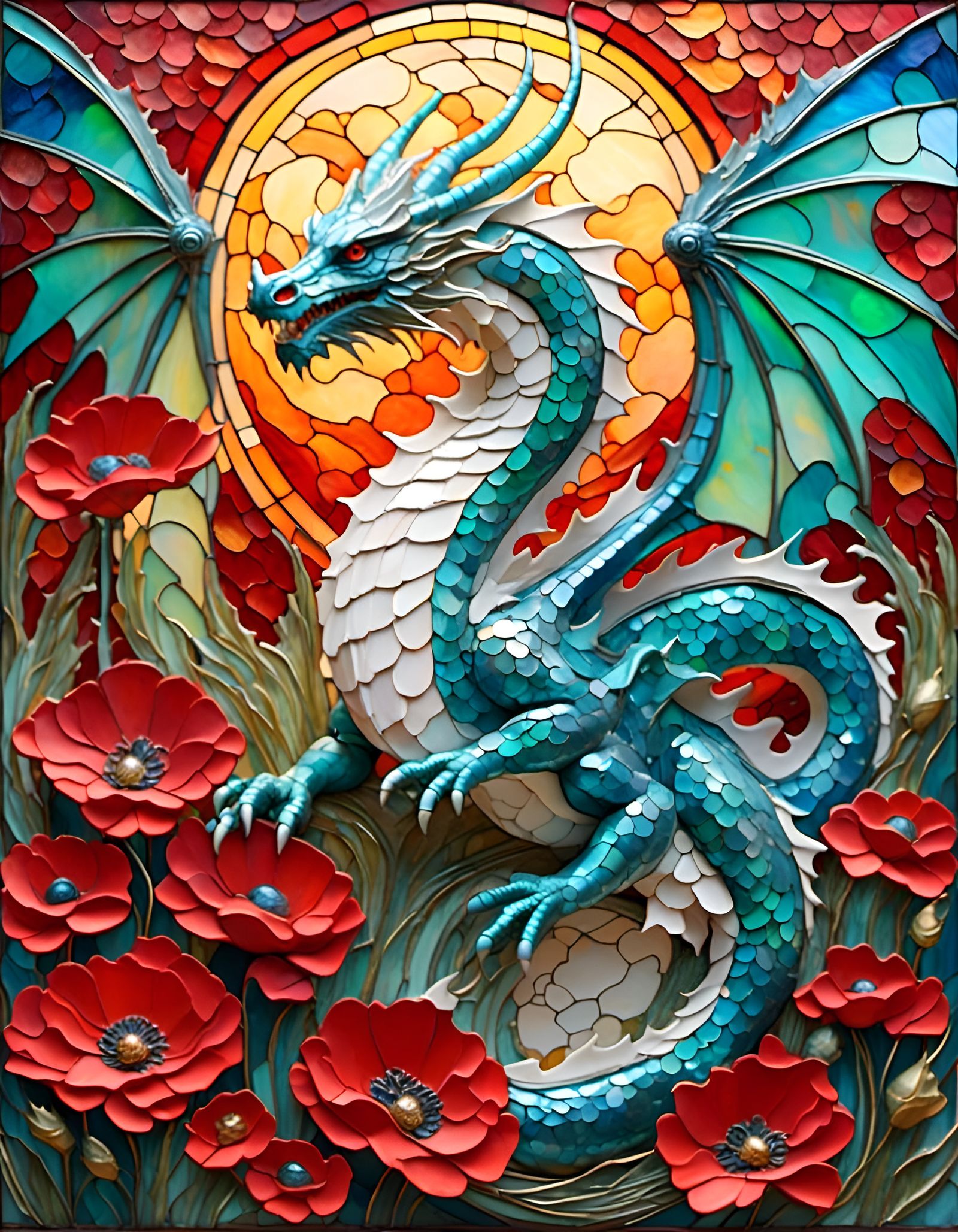Stained Glass Dragon in Poppies, Impasto Painting