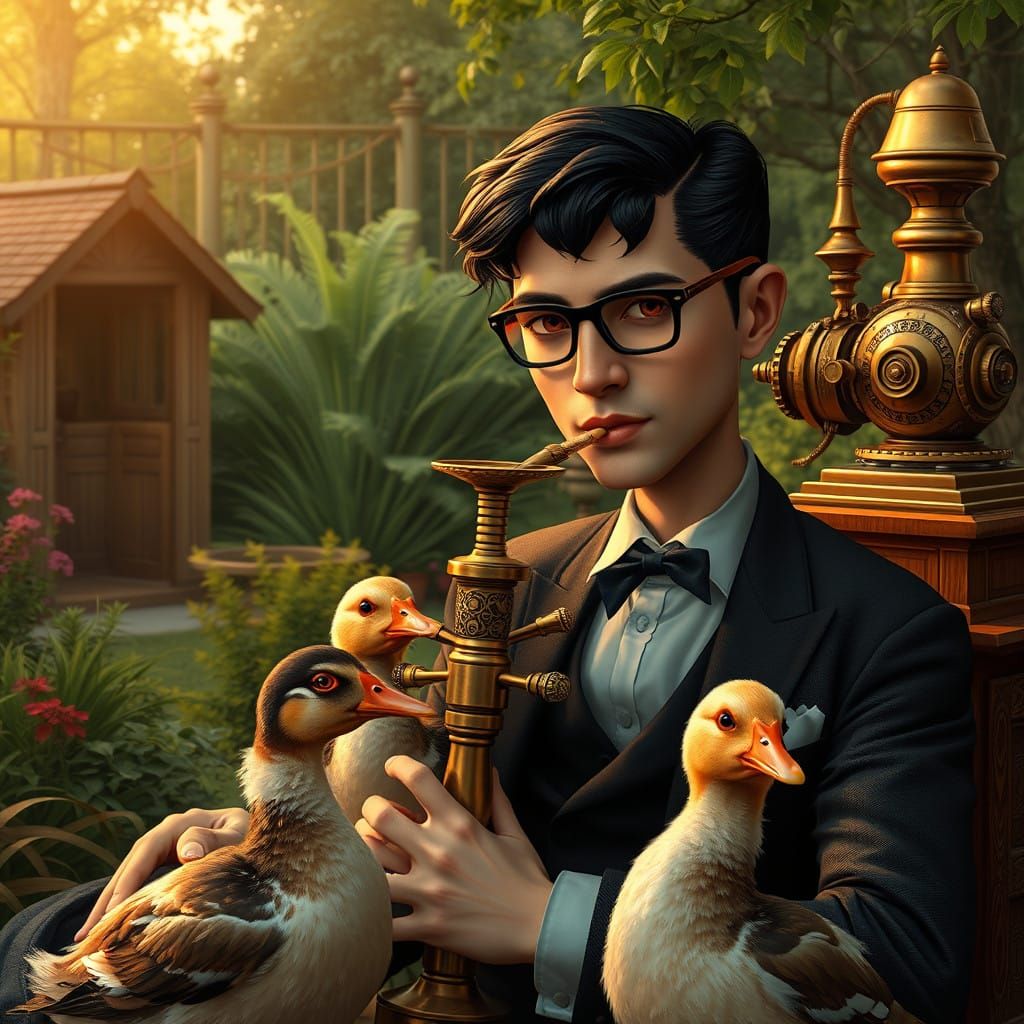 Victorian Gentleman Smokes Hookah with Steampunk Ducks in Ga...