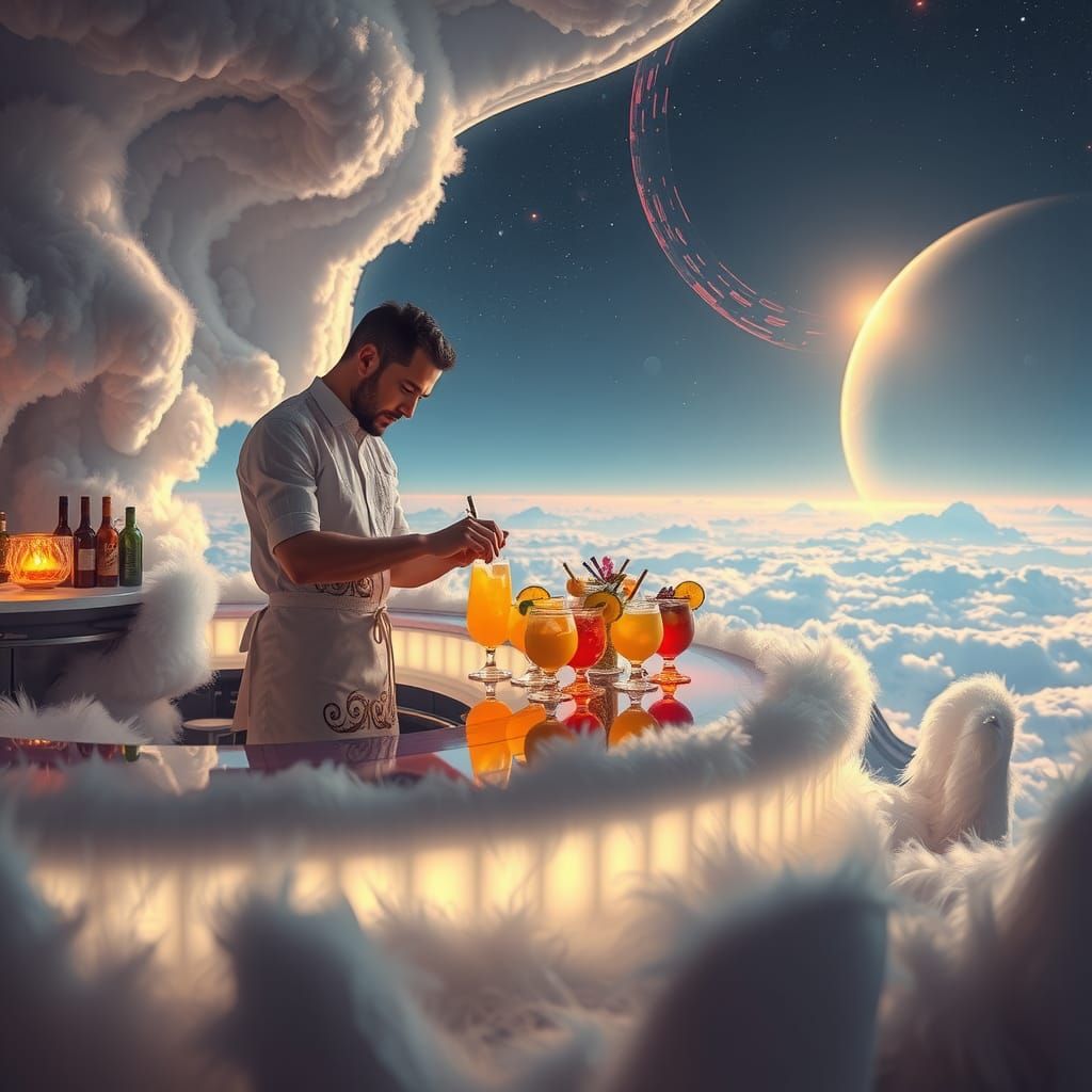 Celestial Bartender in Cloud Bar: Dreamlike Digital Art
