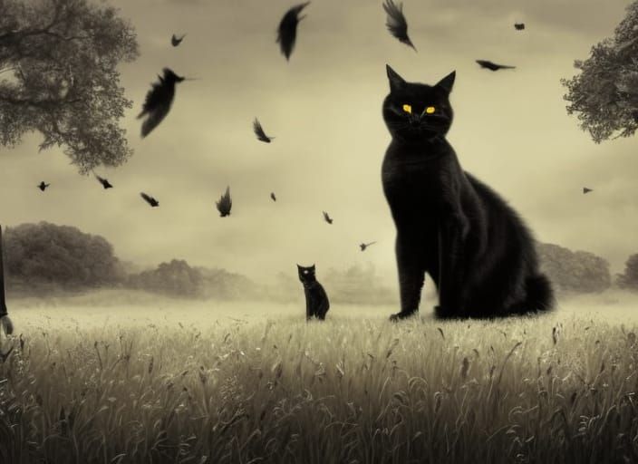 Giant Black Cat in Field: Pencil Drawing