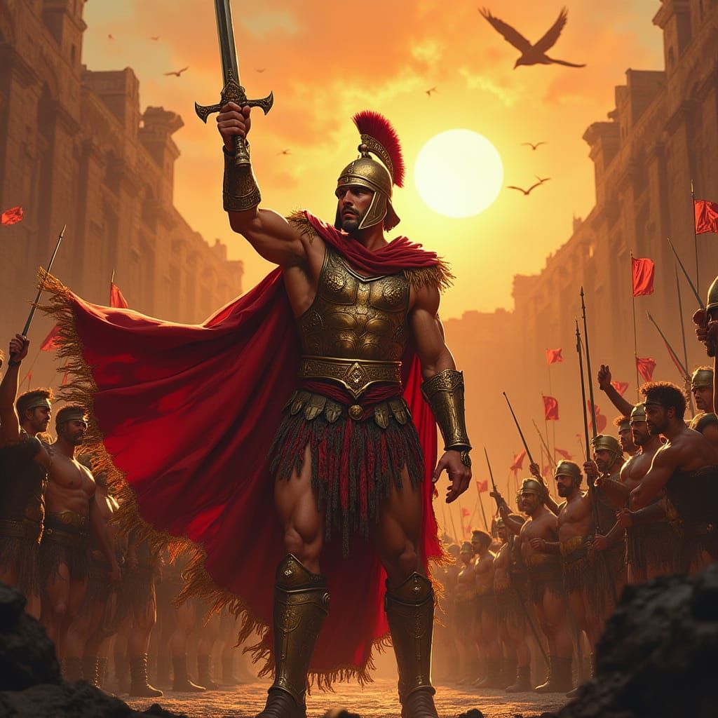 Ancient Roman Gladiator Triumphs in Dramatic Sunset Arena Sc...