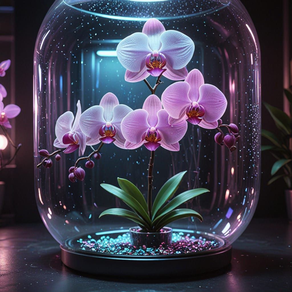Orchid Blooms in Futuristic Sci-Fi Laboratory