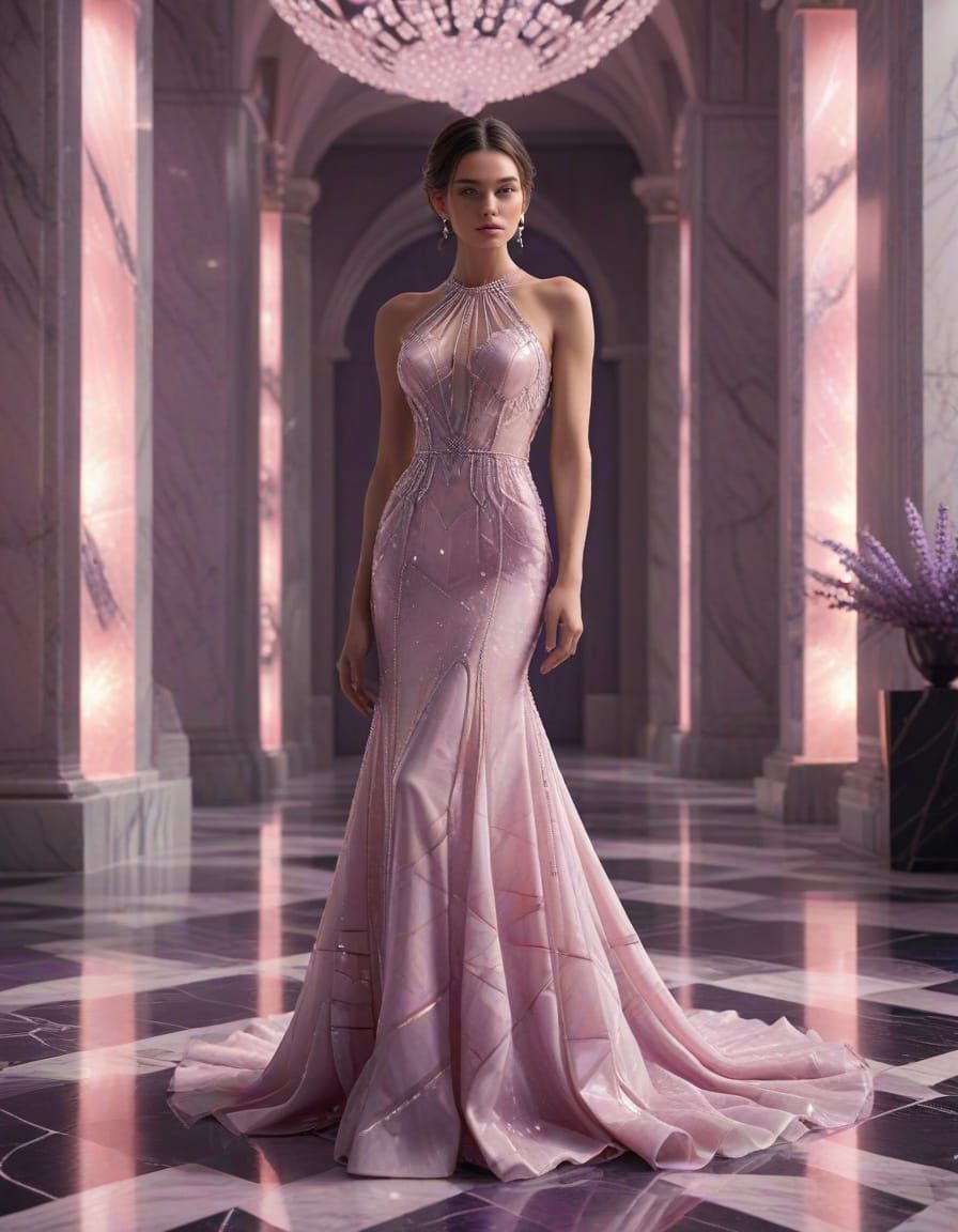 Crystal Gown with Geometric Facets in Soft Lavender Light