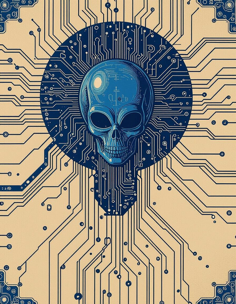 Intricate Alien Circuit Board Roots Illustration