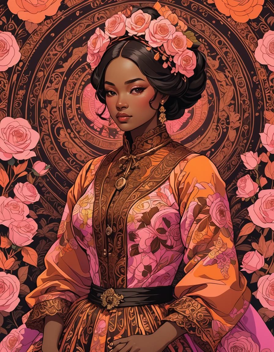 Psychedelic Anime Portrait of Burmese Woman in Vintage Fashi...