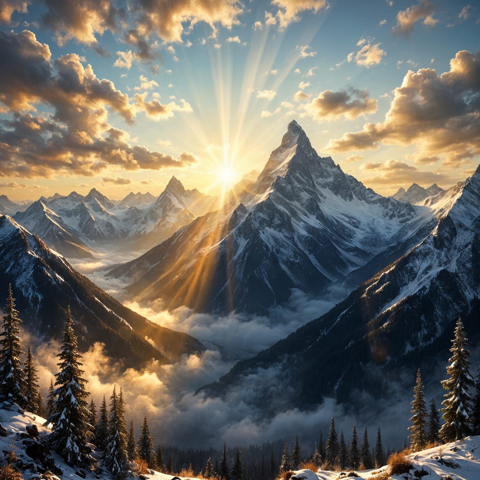 Snowy Mountain Sunrise with Sunburst Effect