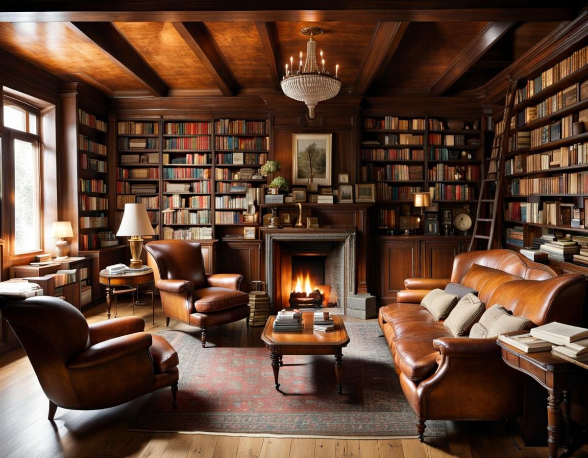 Vintage Living Room with Bookshelves and Fireplace