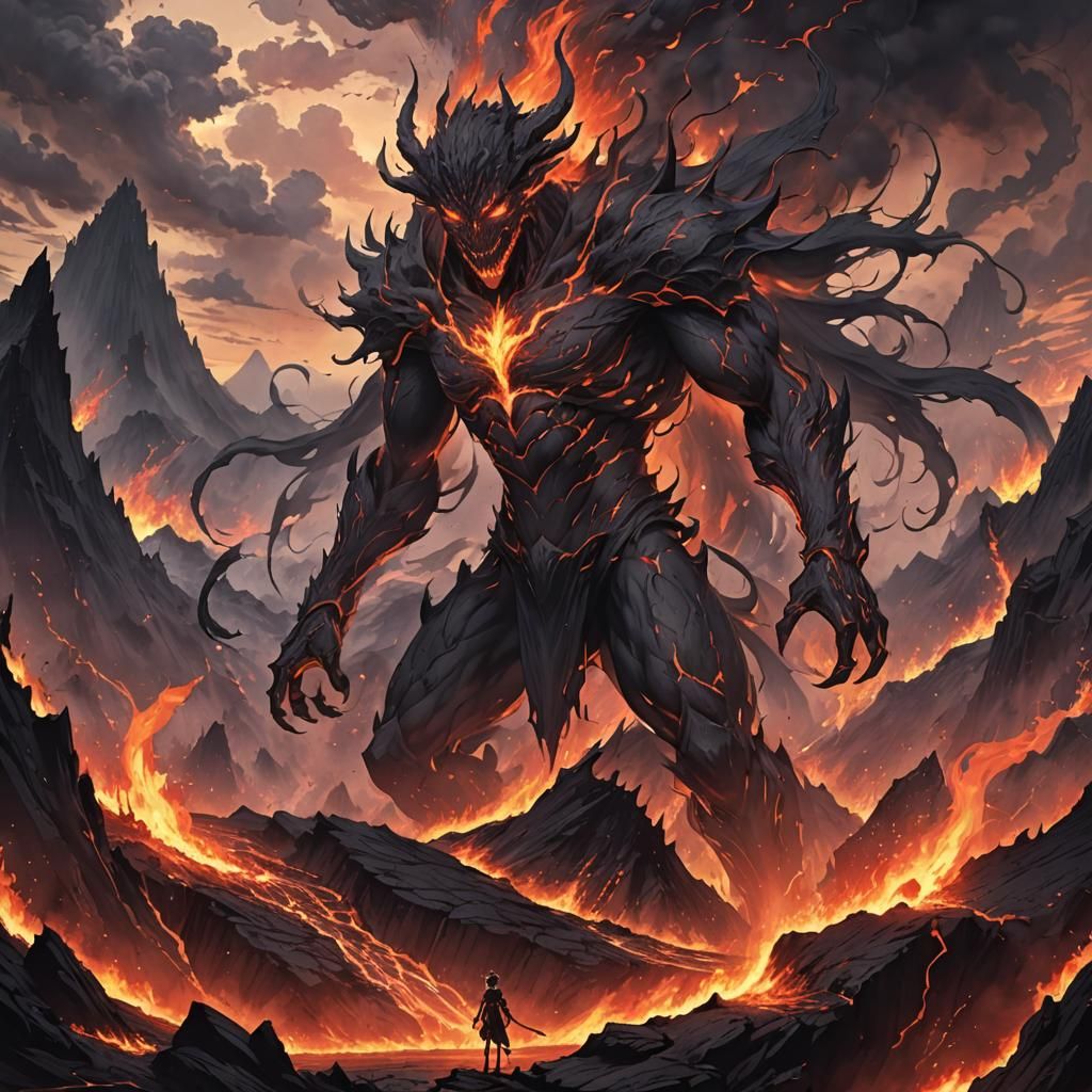 Demonic Entity Overlooking Hellscape in Anime Style