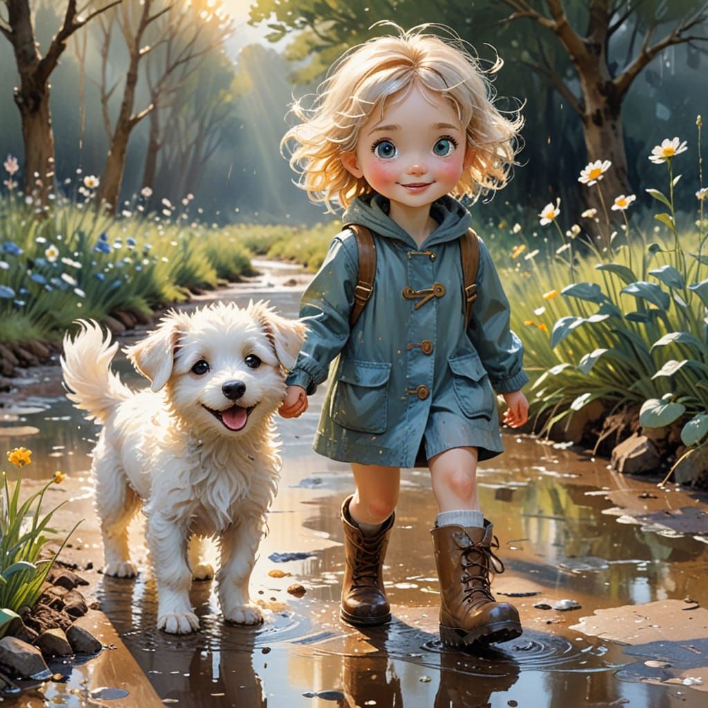Whimsical Girl Plays with Puppy in a Puddle