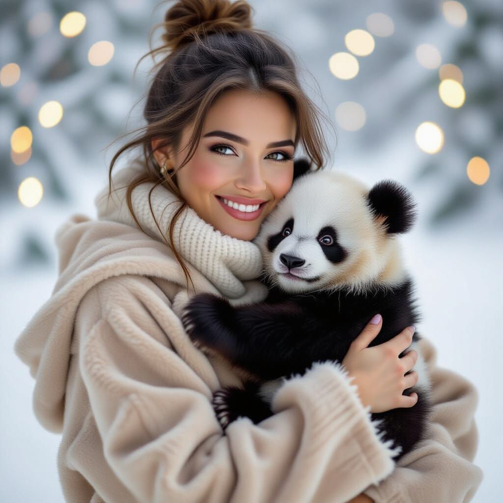 Woman Holding Panda in Cinematic Digital Art Style