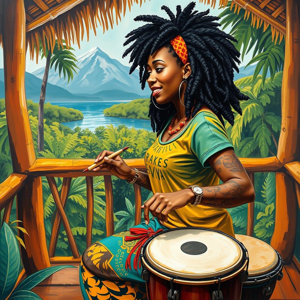 African Woman Playing Bongos: Neo-Impressionist Oil Painting