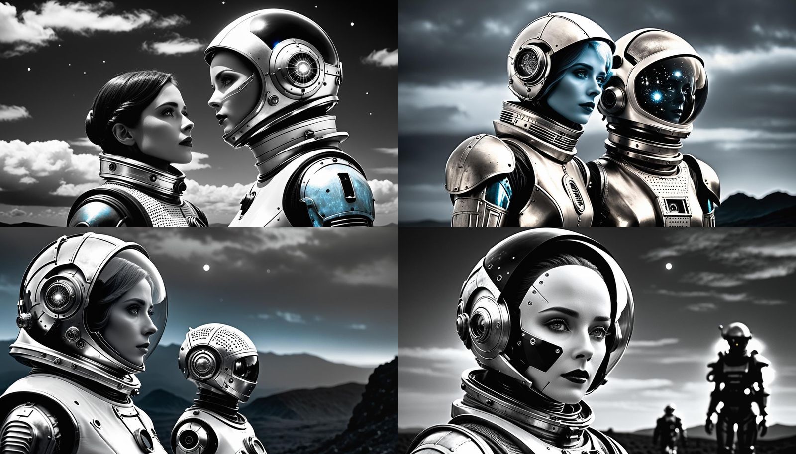 a black and white photo of a woman in a space suit, fantasy and cosmic horror movie, little girl meets robot, 1960, ultr...