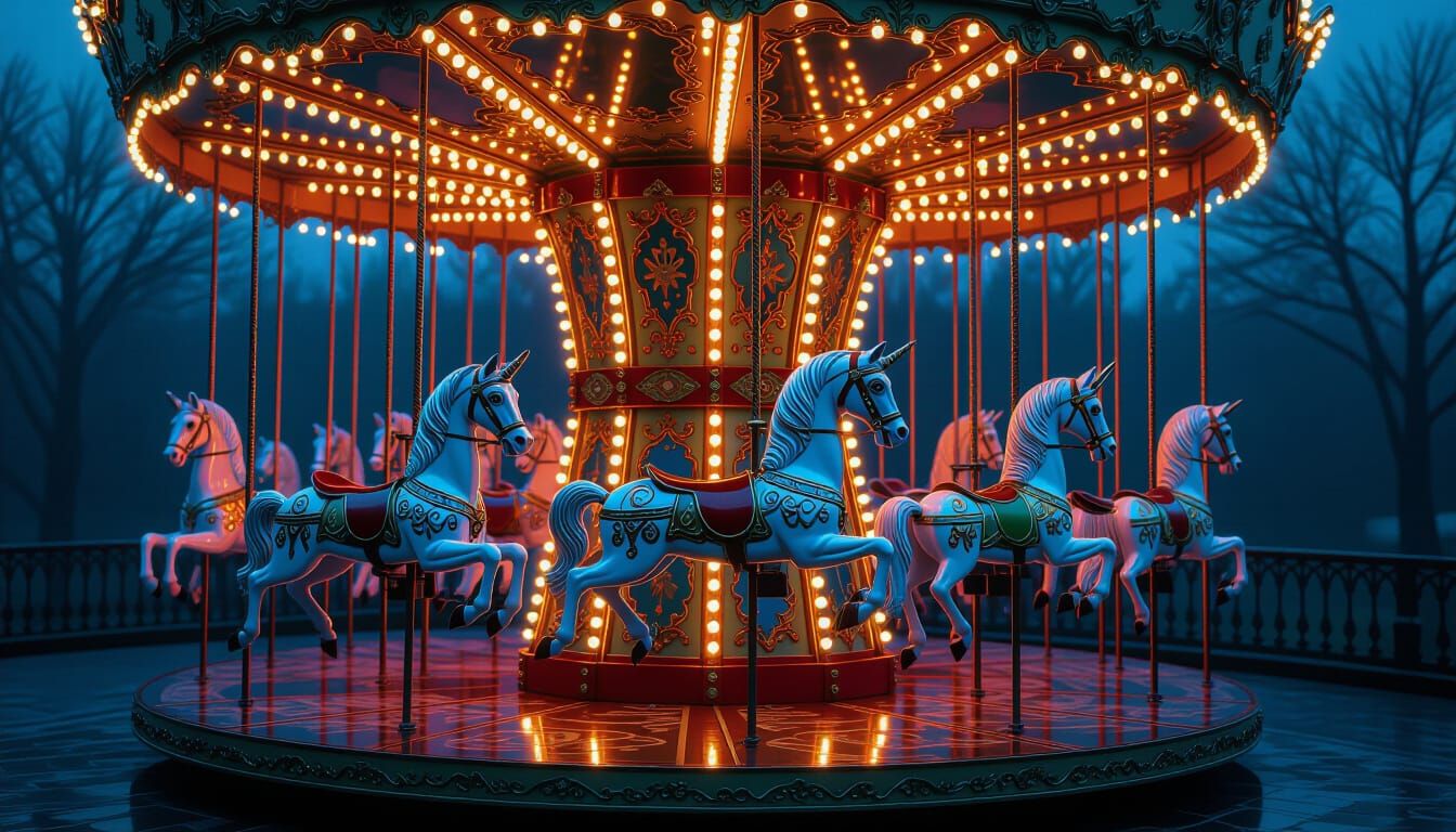 Surreal Bioluminescent Carousel with Silver Filigree