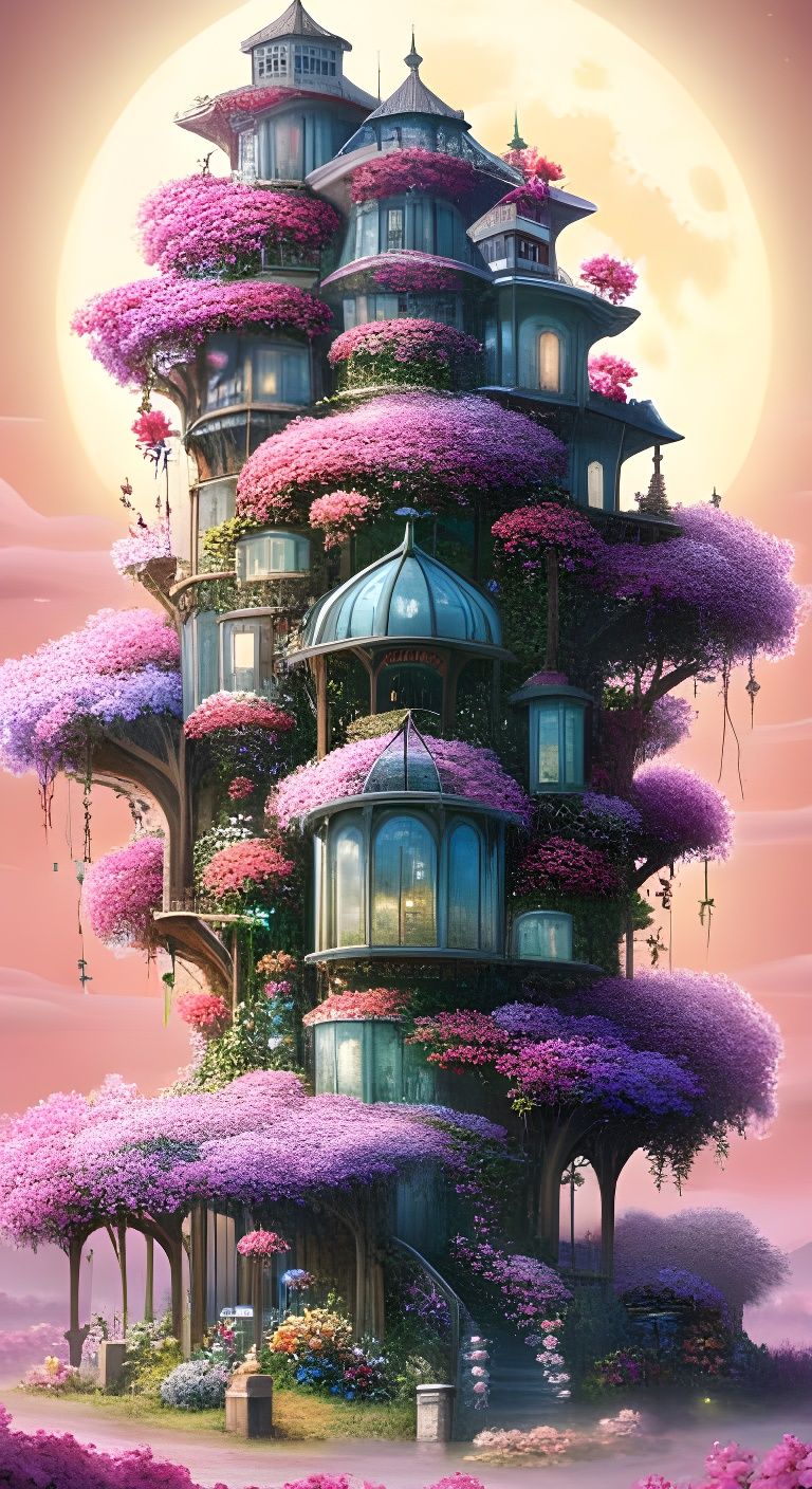 Flowering Treehouse Tower in Gouache Style