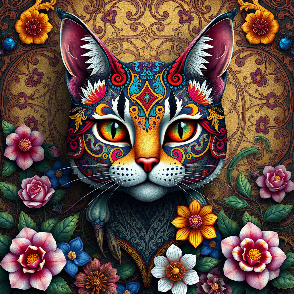 Ornate Cat Head Surrounded by Colorful Flowers
