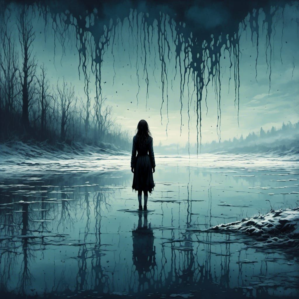 Eerie Shadow of a Girl by Frozen Lake