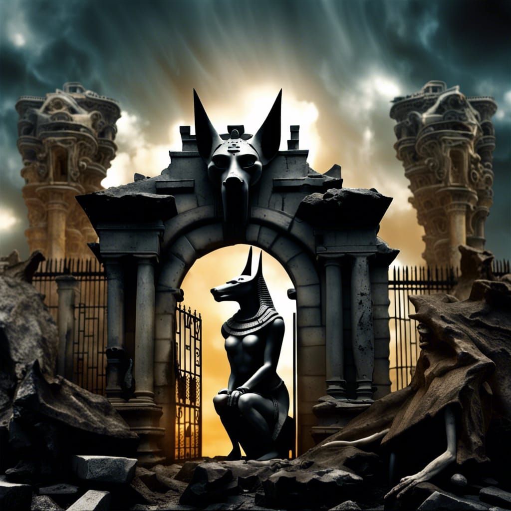 Crumbling Villa Guarded by Anubis Statue