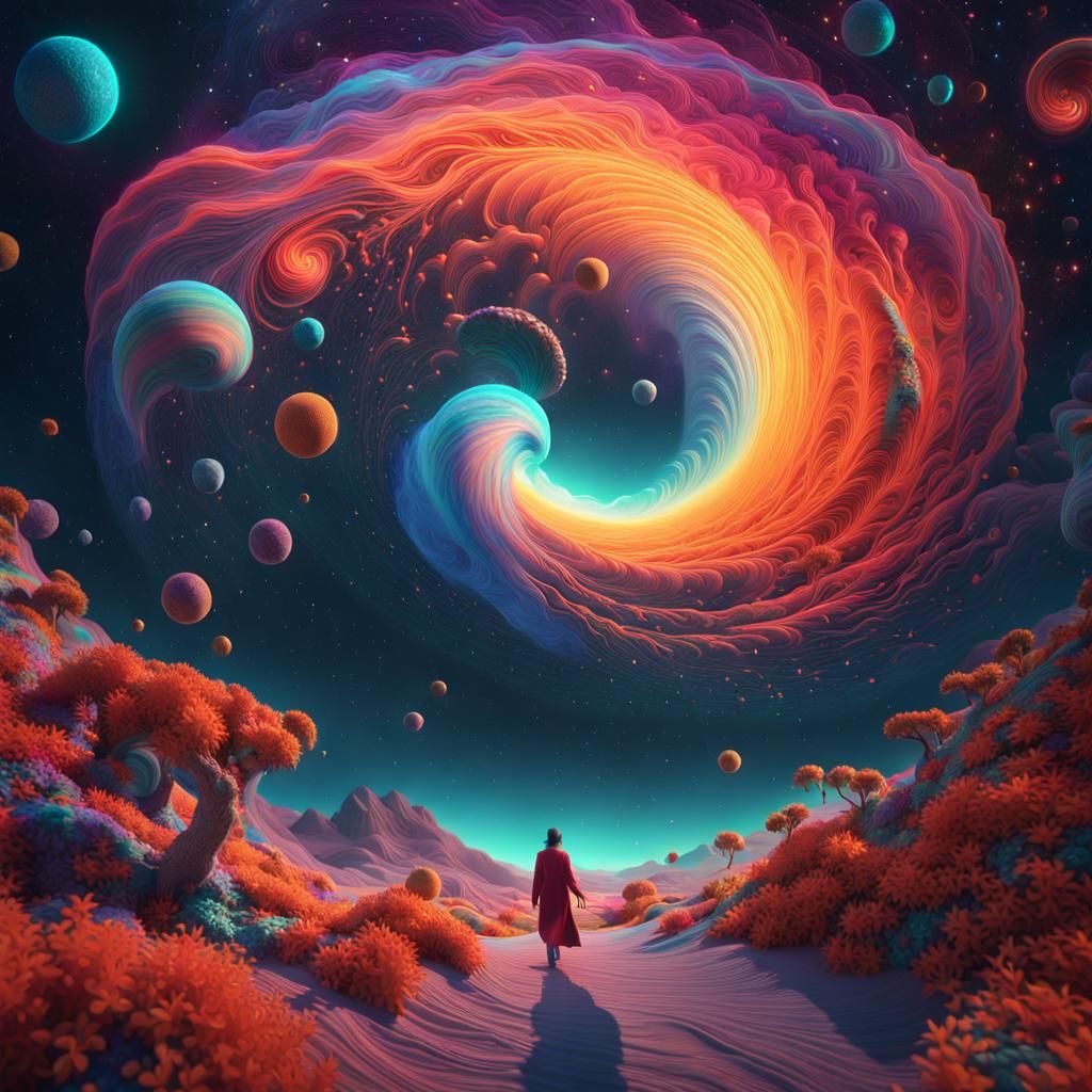 Surreal Figure Walking in Vibrant Universe: 8k Render