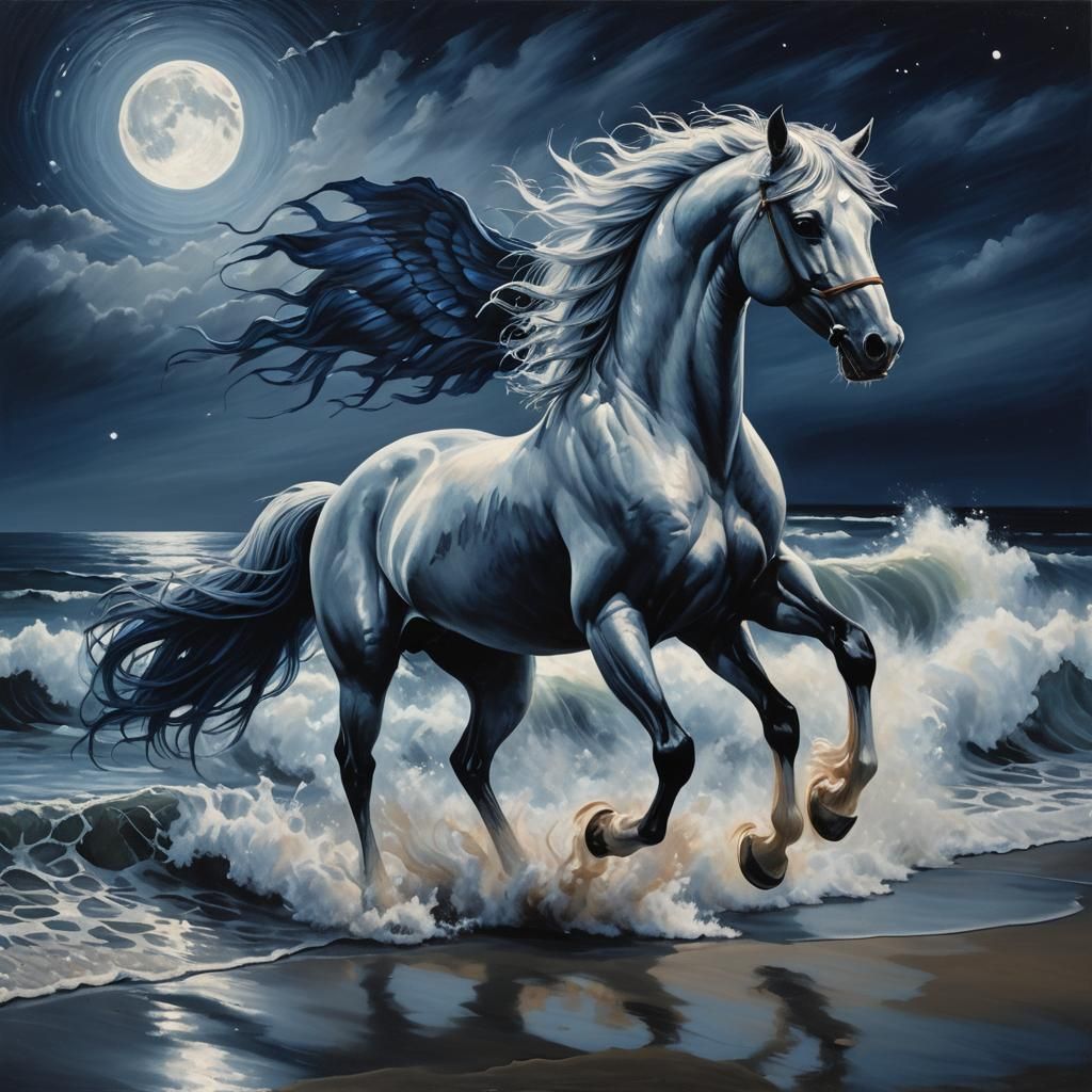 Winged Horse Galloping on Moonlit Beach as Oil Painting