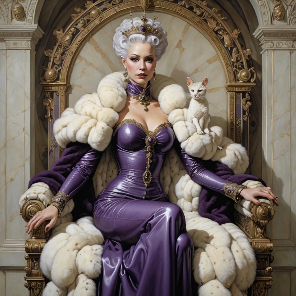 Beautiful queen wearing purple latex and ermine furs sitting...