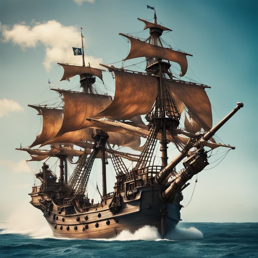 Pirate Ship Blazing Cannons at Spanish Galleon