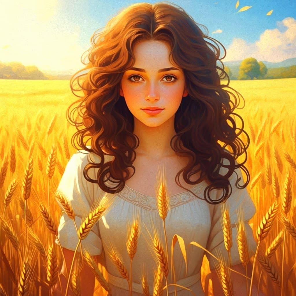 Beautiful Teenage Girl in Wheat Field, Hyperdetailed Portrai...