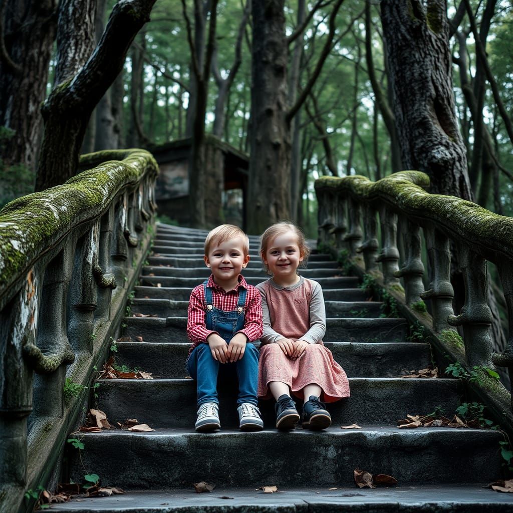 Children on Abandoned Staircase: Hyper-Realistic Digital Pai...