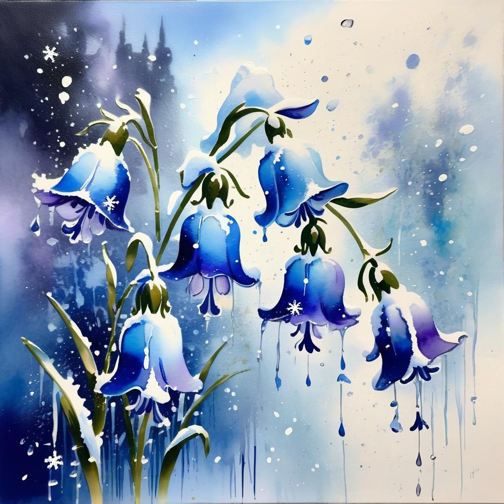Surreal Snowy Bluebell Wonderland in Jean Haines Style Water...