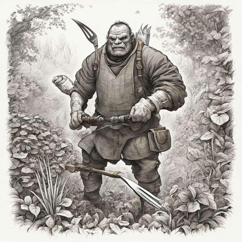 Orc Gardener in a Lush Green Landscape