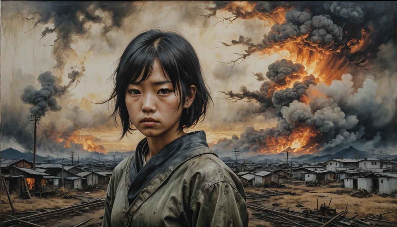 Sad Girl in Burning Sky: Hyperrealistic Encaustic Art