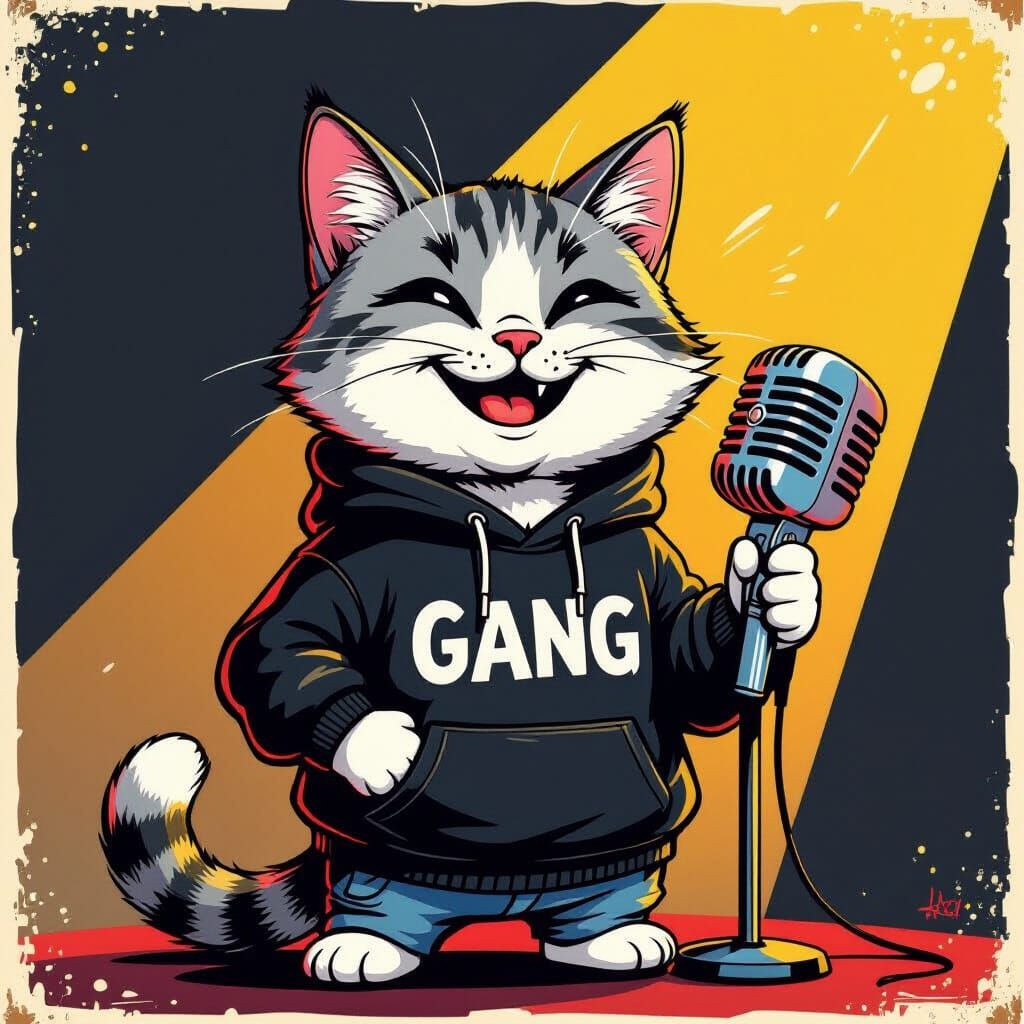 Gangster Cat Sings into Microphone in Pop Art Style