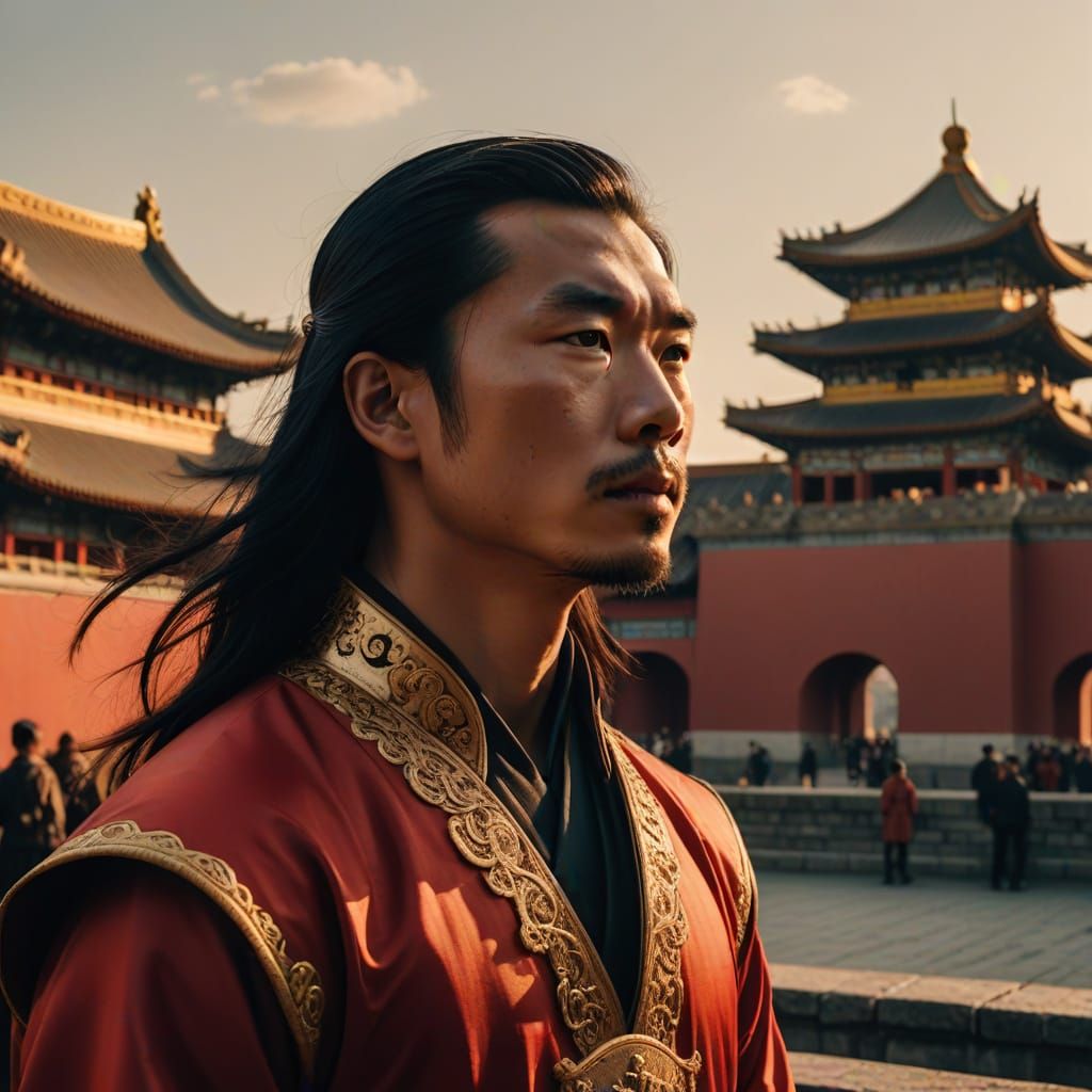 Chinese Man in Red Dress Gazing Skyward