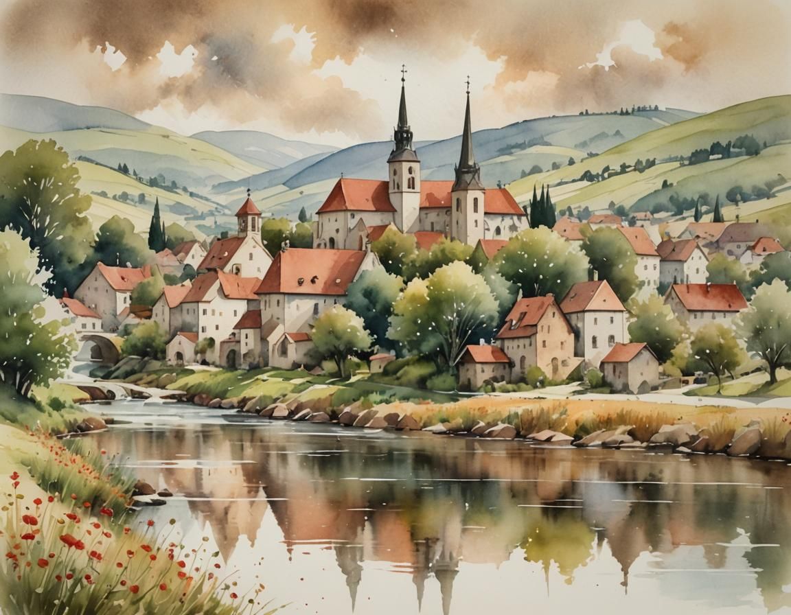 European Town Watercolor Landscape with River and Hills