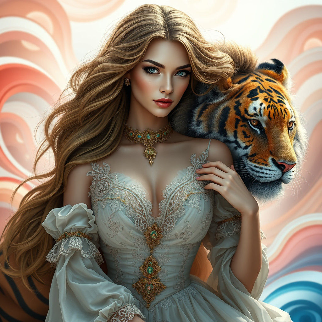 Ethereal Woman with Lion-Tiger in Fantasy Landscape