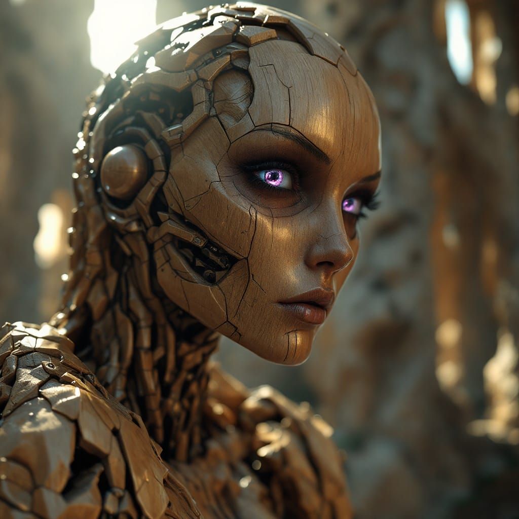 Cyborg Goddess Carved from Wood in Cinematic HDR