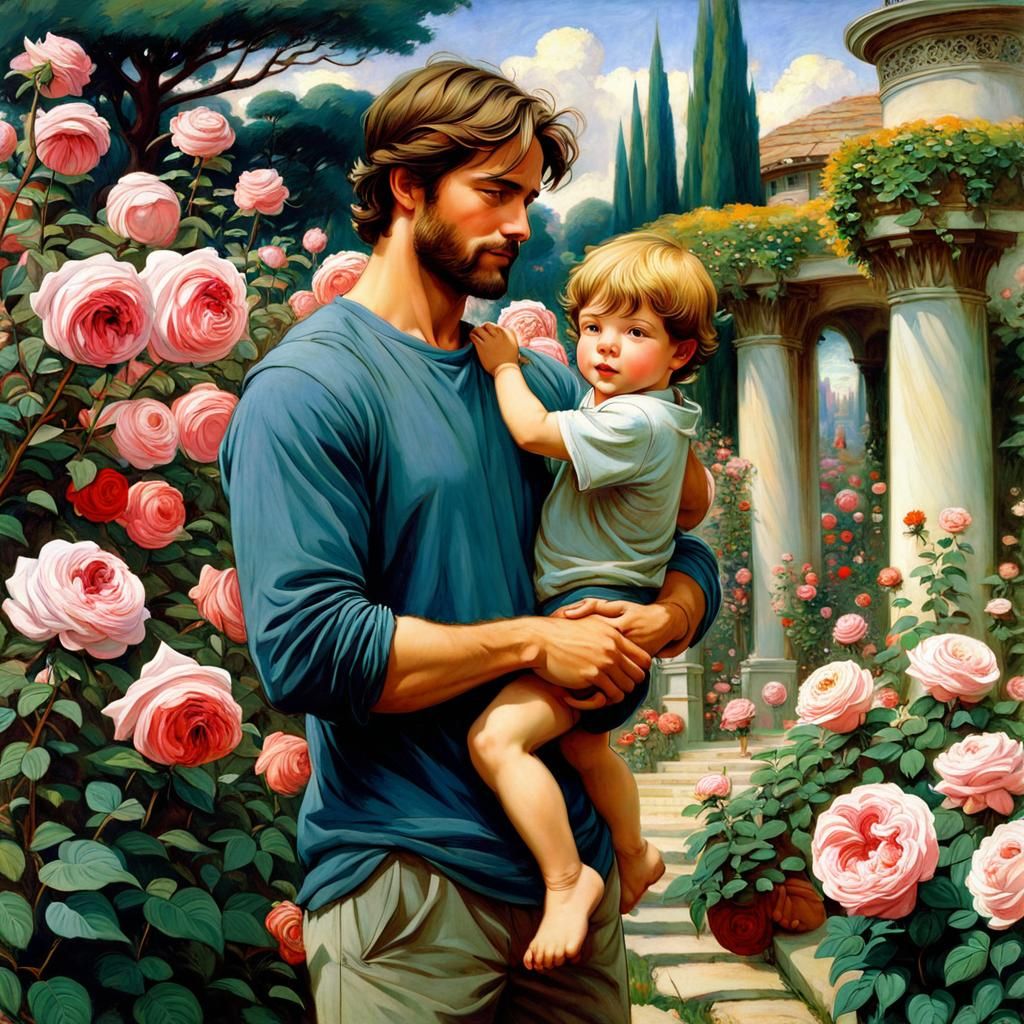 Father and Son in Rose Garden, Waterhouse Style