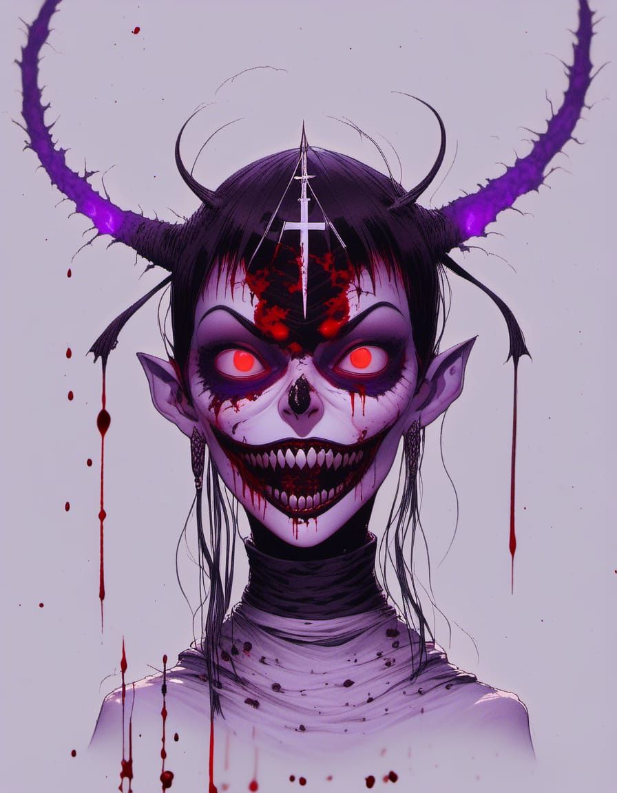 Sinister Anime Nun with Red Eyes and Purple Aura