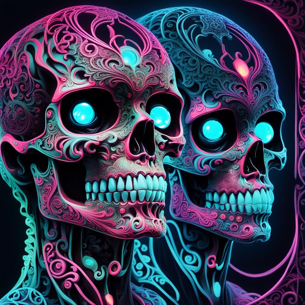 Distorted Reality: Neon Skulls and Asymmetrical Faces