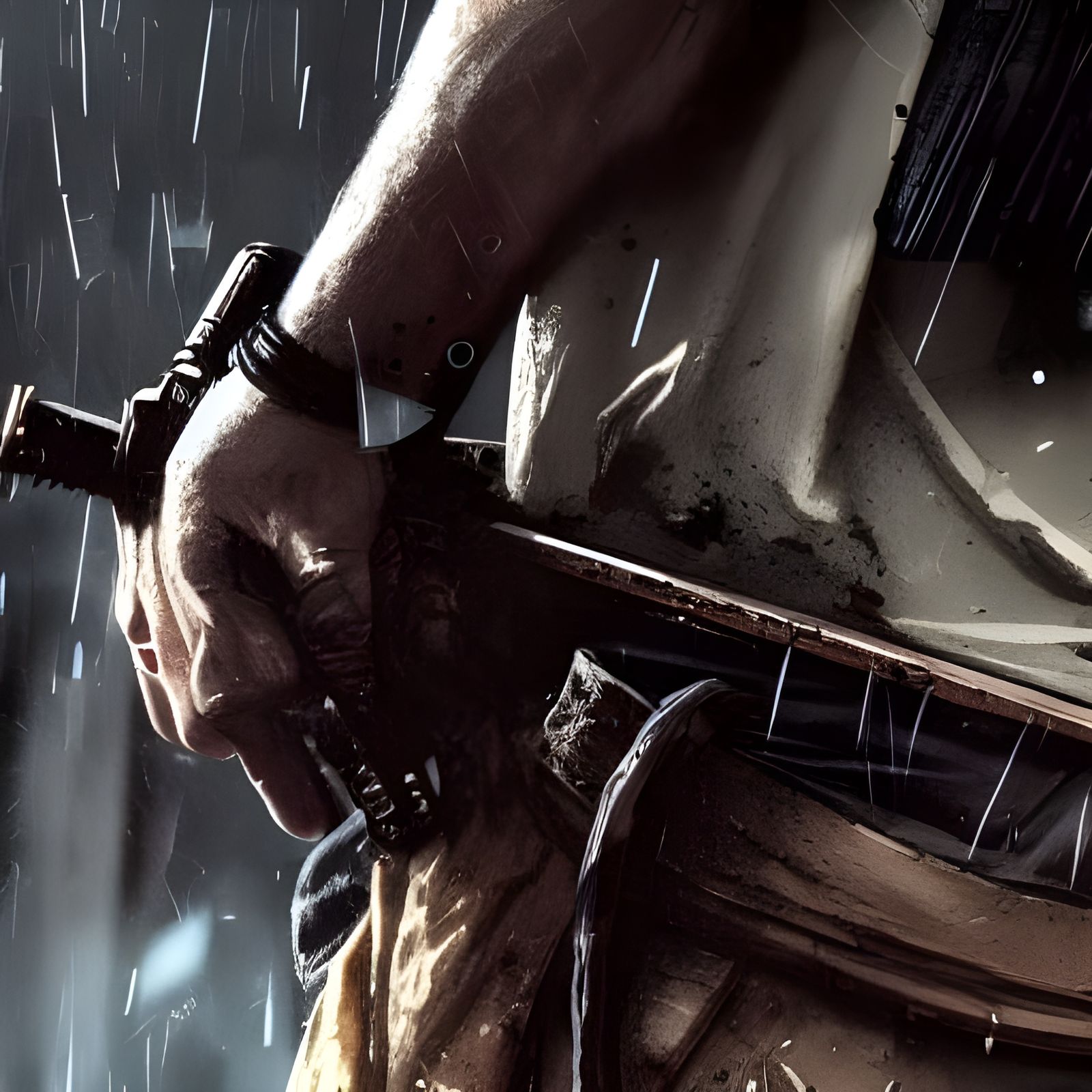 Samurai's Cyberpunk Weapon in Neo-Tokyo Ruins