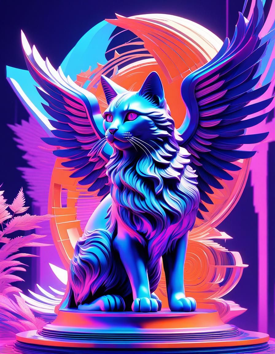 Angel Cat Statue in Vaporwave Style