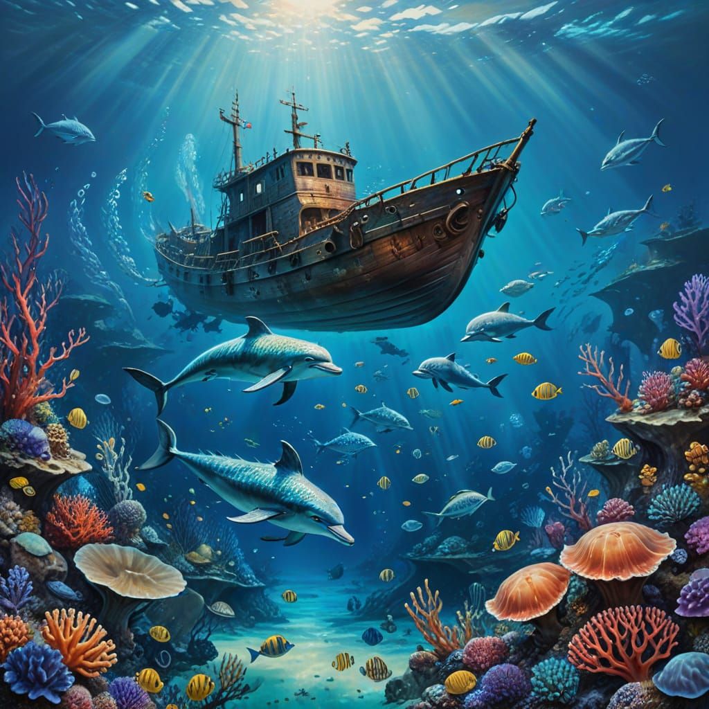 Surreal Underwater Scene in Oil Painting Style